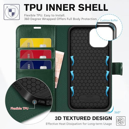 TUCCH Wallet Case for iPhone 13 (6.1") 2021, Flip Stand, Midnight Green | RFID Blocking, 3 Card Holders, Kickstand, PU Leather, Shockproof TPU Shell, Magnetic Closure, Protective Folio Cover - color: Dark Green