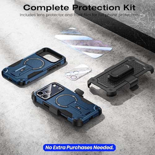 Caka 4-in-1 for iPhone 17 Pro Max Case with Belt Clip Holster and Stand | HD Glass Screen & Camera Lens Protector, Compatible with MagSafe, Hidden Kickstand, Rugged Heavy Duty Shockproof Phone Cover - color: Blue