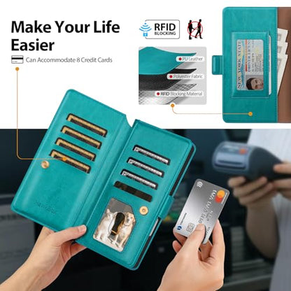 Compatible with iPhone 17 Case Wallet with Card Holder [7 Card Slot] Women Men,RFID Blocking Luxury PU Leather Phone Case Flip Folio Protector Cover Credit Card Slot Kickstand,Blue Green - color: Blue Green, size: iPhone 17