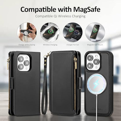 Antsturdy Compatible with MagSafe iPhone 13 Pro Wallet Case,Black | Detachable Magnetic Credit Card Holder,RFID Blocking,PU Leather Zipper Purse,Wrist Strap Kickstand,Flip Phone Cover for Women - color: (Detachable with Magsafe)-Black