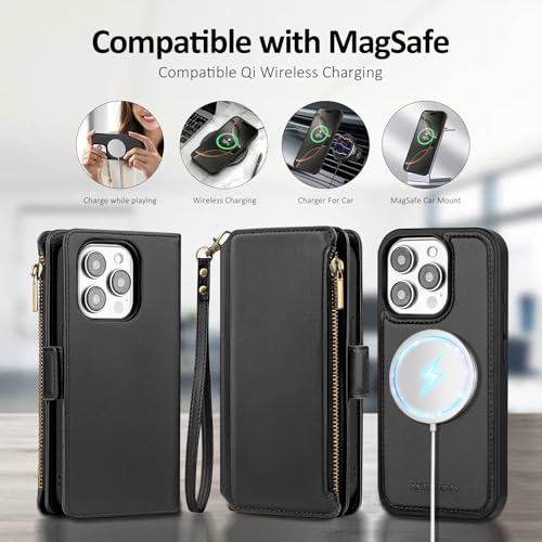 Antsturdy Compatible with MagSafe iPhone 15 Pro Max Wallet Case,Black | Detachable Magnetic Credit Card Holder,RFID Blocking,PU Leather Zipper Purse,Wrist Strap Kickstand,Flip Phone Cover for Women - color: (Detachable with Magsafe)-Black