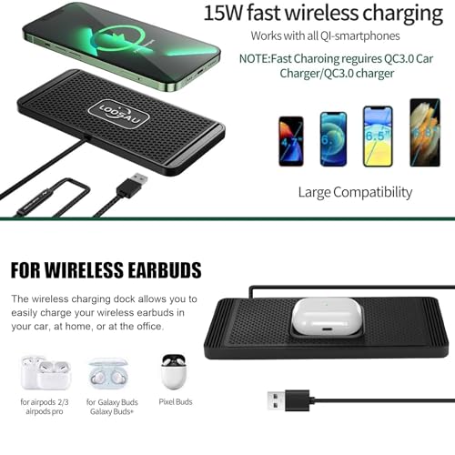 ZPSHYD 15W Wireless Car Charger Pad, Trim‑to‑Fit Qi Fast Charging Mat, 4‑Mode Auto‑Sensing (5W/7.5W/10W/15W), Separated Coil Anti‑Overheat, Non‑Slip Waterproof, Case‑Friendly, for iPhone & Android - color: 1m Cable USB Port