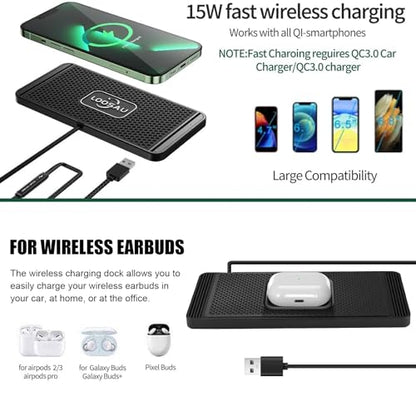 ZPSHYD 15W Wireless Car Charger Pad, Trim‑to‑Fit Qi Fast Charging Mat, 4‑Mode Auto‑Sensing (5W/7.5W/10W/15W), Separated Coil Anti‑Overheat, Non‑Slip Waterproof, Case‑Friendly, for iPhone & Android - color: 1m Cable USB Port
