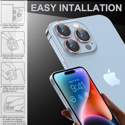 [3+1] Compatible for iPhone 15 Pro ＆ iPhone 15 Pro Max Camera Lens Protector 9H Tempered Glass Camera Cover Metal Individual Ring Full Coverage Camera Lens Protector with Removal Tool (pink) - color: pink