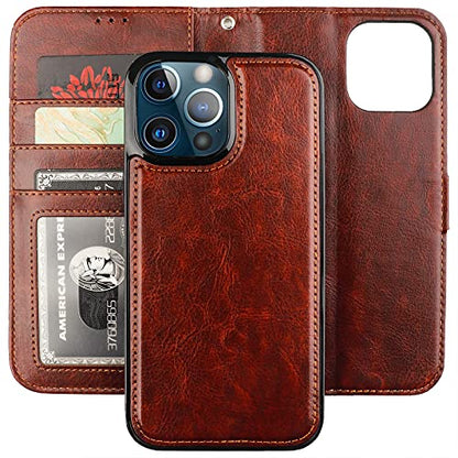 Bocasal Detachable Wallet Case Card Holder for iPhone 13 Pro Max Brown | RFID Blocking Kickstand Card Slots Holder PU Leather Magnetic Shockproof Wrist Strap Removable Flip Protective Cover 6.7 inch - color: Brown