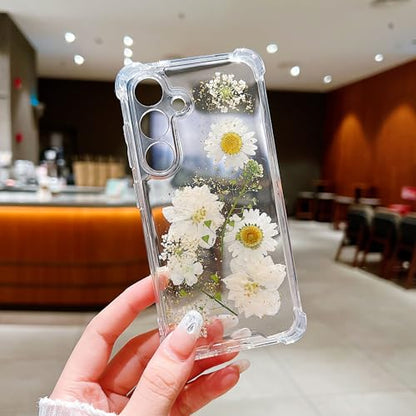 Compatible with Samsung Galaxy S23 Plus Case Cute Pressed Dried Real Flowers Design Women Girly Shockproof Glitter Floral Clear Phone Cover S23+ (White Flower) - color: White Flower, size: Samsung S23 Plus