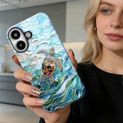 Case Compatible with iPhone 16 Plus, Cute Dual Layer Hybrid Phone Cover, Military Grade Drop Protection, Aesthetic Shockproof Phone Case for Women Girls, Stained Glass Sea Turtle - color: Stained Glass Sea Turtle, size: Iphone 16 Plus