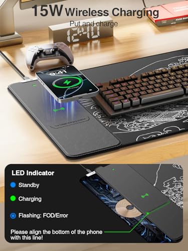 Wireless Charging Mouse Pad, 31.5"x15.8" Large Desk Mat, Smooth Glide - color: Black-31.5"x15.8"-Sea