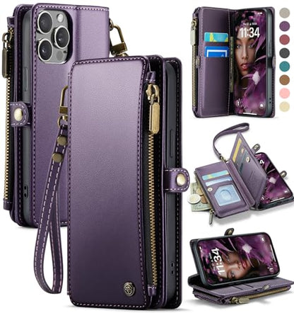Defencase for iPhone 15 Pro Wallet Case with RFID Card Holder, Purple | Durable Soft PU Leather, with Zipper Pocket, Wrist Strap, Fashion Snap Flip Phone Cases Cover with Stand for Women and Men - color: Purple