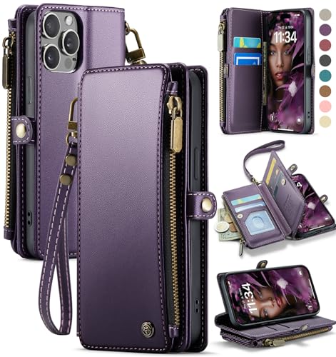 Defencase for iPhone 13 Pro Wallet Case with RFID Card Holder, Purple | Durable Soft PU Leather, with Zipper Pocket, Wrist Strap, Fashion Snap Flip Phone Cases Cover with Stand for Women and Men - color: Purple