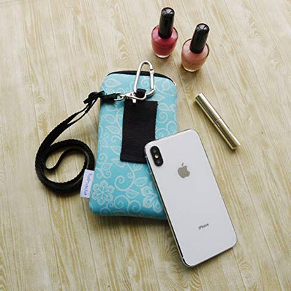 Tainada Zipper Neck Phone Pouch Bag w/Belt Loop Holster (Floral Turquoise) | For Women; Water-resistant neoprene shockproof lightweight cell phone case carrier w/ clip; Compatible w/ most smartphones - color: Floral Pattern Turquoise