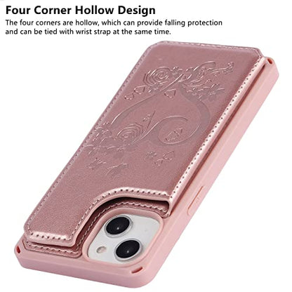 iCoverCase Compatible with iPhone 14 Wallet Phone Case with Card Holder for Women, RFID Blocking Embossed PU Leather Wrist Strap Case 6.1 Inch (Heart Rose Gold) - color: H-Rose Gold