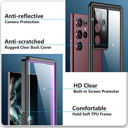 SPIDERCASE Designed for Samsung Galaxy S22 Ultra Case 6.8", Purple/Clear | [IP68 Waterproof] [Built-in Screen Protector] Full Sealed Protection Heavy Duty Shockproof Case - color: Purple