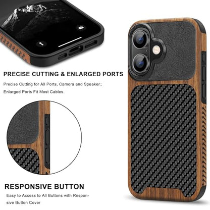 TENDLIN Compatible with iPhone 16 Plus Phone Case Wood Grain with Carbon Fiber Texture Design Leather Hybrid Slim Case (Black) - color: Black, size: iPhone 16 Plus