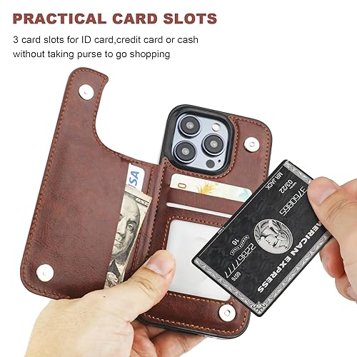 ONETOP for iPhone 15 Pro Wallet Case with Credit Card Holder,Brown | Kickstand,ID/Cash Holder,Case Wallet with Card Slots,Double Magnetic Clasp,Durable PU Leather Shockproof Cover for Women Men - color: Brown