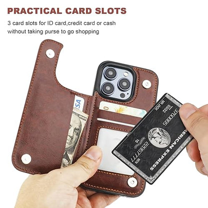 ONETOP for iPhone 15 Pro Wallet Case with Credit Card Holder,Brown | Kickstand,ID/Cash Holder,Case Wallet with Card Slots,Double Magnetic Clasp,Durable PU Leather Shockproof Cover for Women Men - color: Brown