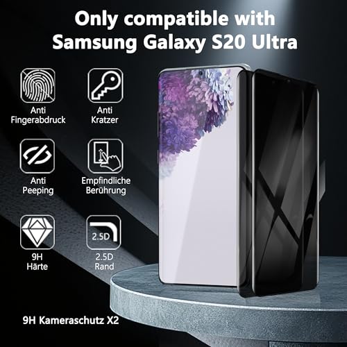 2 Pack Privacy Screen Protector for Samsung Galaxy S20 Ultra, Anti-Spy Tempered Glass, 9H Anti-Scratch, Case Friendly - size: for Galaxy S20 Ultra Privacy