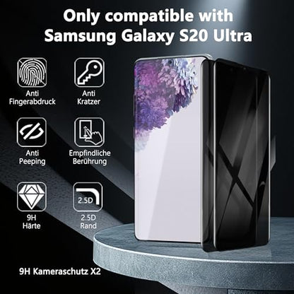 2 Pack Privacy Screen Protector for Samsung Galaxy S20 Ultra, Anti-Spy Tempered Glass, 9H Anti-Scratch, Case Friendly - size: for Galaxy S20 Ultra Privacy