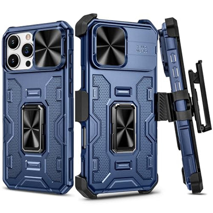 VEGO for iPhone 16 Pro Max Case with Belt Clip Holster and Kickstand Blue | Slide Camera Lens Protector & Ring Kickstand Military Grade Heavy Duty Protection Cover for iPhone 16 ProMax - Blue - color: Blue