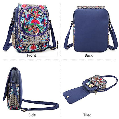 SILKAREA Embroidered Cute Mini Crossbody Bag for Women Small Handbags Wristlet Wallet Bag Cell-phone Pouch Coin Purse - color: S2 Blue Medium