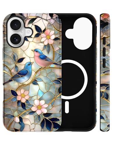Jusy Magnetic Stained Glass Floral Case for iPhone 15 Pro, Bird | Compatible with MagSafe, Cute Aesthetic Flower Design, TPU and PC Protective Phone Cover - color: Bird