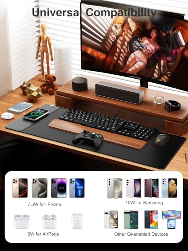 Wireless Charging Mouse Pad, 31.5"x15.8" Large Desk Mat, Smooth Glide - color: Black-31.5"x15.8"