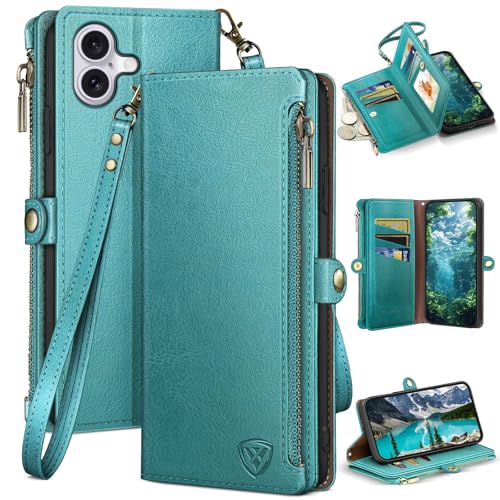 XcaseBar Compatible with iPhone 17 6.3" Wallet case with Zipper Credit Card Holder【RFID Blocking】,Flip Folio Book PU Leather Phone case Shockproof Cover Women Men for Apple 17 case Blue Green - color: Blue Green, size: iPhone 17 6.3"