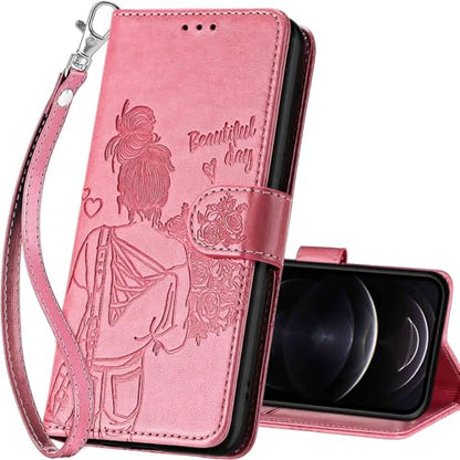for iPhone 13/14 Wallet case, Pink-Girl | 3 Card Holders, Kickstand, Shockproof TPU Shell, PU Leather, Magnetic Closure, Protective Flip Folio Cover, Women - color: 1