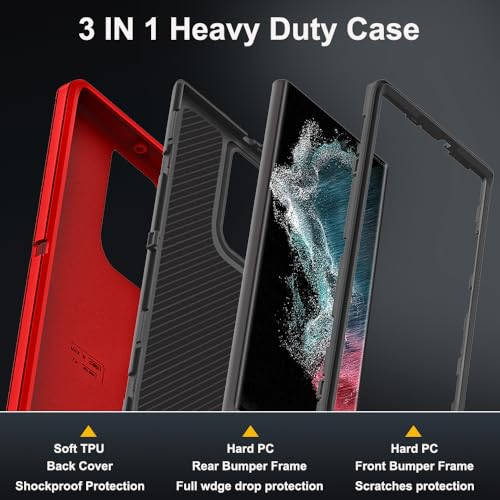 for Samsung Galaxy S22 Ultra Case with 2Pcs Self Healing Flexible TPU Screen Protector & Camera Lens Protector, 3 in 1 Heavy Duty Shockproof/Drop Proof/Dust Proof Case (Red/Black) - color: Red/Black