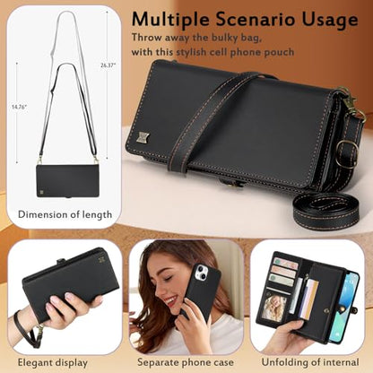 for Wallet Case Compatible with iPhone 13,Multi-Function Detachable 2 in 1 Magnetic iPhone 13 Case Wallet,Flip Strap Zipper Card Holder Phone Case with Shoulder Straps (Black) - color: Black, size: iPhone 13