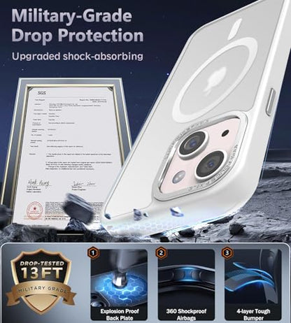 Newfuture Magnetic for iPhone 13/iPhone 14 Case Shockproof, Frosted White | Military Drop Protection, Slim Matte Anti-Fingerprint, Compatible with Magsafe, Camera Guard, Translucent Protective Cover - color: Frosted White, size: iPhone 13/iPhone 14 6.1inc