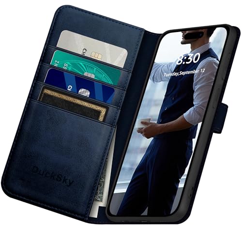 DuckSky Compatible with iPhone 17 Pro Max 6.9" Genuine Leather Wallet case【RFID Blocking】【4 Credit Card Holder】【Real Leather】 Flip Phone case Cover Women Men for Apple 17 Pro Max case Dark Blue - color: Dark Blue