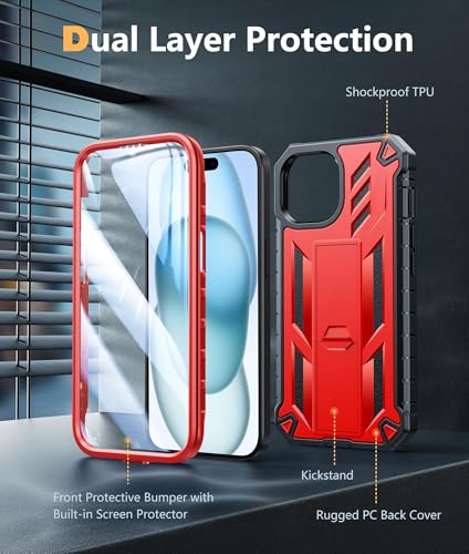 FNTCASE for iPhone 15/14/13 Case, Built-in Screen Protector, Kickstand Red | 20FT Military-Grade Drop Protection, Anti-Slip Matte Textured, Rugged Heavy Duty Shockproof Protective Phone Cover, Red - color: Red
