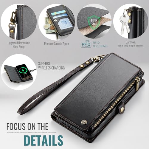 Defencase for iPhone 17E & 16E Wallet Phone Case with Card Holder, Black | Durable Soft PU Leather, with RFID Blocking Zipper Pocket, Strap, Magnetic Snap Flip Cases Cover with Stand for Women Men - color: Black