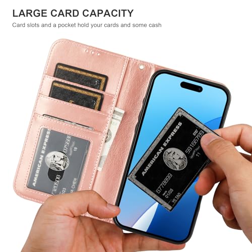 Bocasal Detachable Wallet Case Card Holder for iPhone 16 Plus, Rose Gold | RFID Blocking Kickstand Card Slots Holder PU Leather Magnetic Shockproof Wrist Strap Removable Flip Protective Cover 6.7 inch - color: Rose Gold
