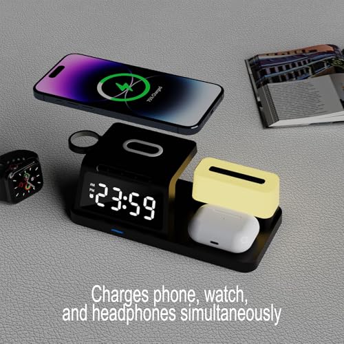 3-in-1 Wireless Charging Station with Digital Clock & Night Light, 15W Fast Qi-Certified Charger for Phones, Smartwatches & Earbuds | Charges 3 Devices Simultaneously, HT309 Black. - color: Multifunctional Alarm Clock Ht309 Black