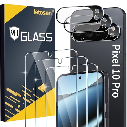 letosan 3 Pack for Google Pixel 10 Pro Screen Protector Tempered Glass + 3 Pack Camera Lens Protector, Military Grade Shatterproof, 9H Hardness, Fingerprint Unlock,Case Friendly 6.3 Inch - size: Pixel 10 Pro 6.3 Inch