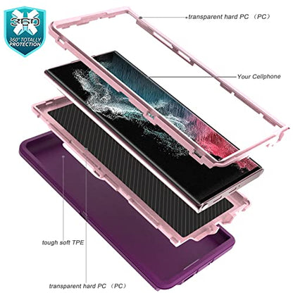 YmhxcY for S22 Ultra Case, Drop Proof 3-Layer Durable Cover/Shockproof Armor Drop Protection/Solid Rubber Protective Matte Cover for Galaxy S22 Ultra 6.8”-Fuchsia/Pink - color: Fuchsia and Pink
