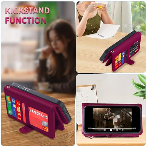 for iPhone 16e/17e Case Wallet,Compatible with MagSafe Magnetic 2 in 1 Magnetic Detachable PU Leather RFID Blocking Wallet Cover Card Holder Zipper Wrist Strap Lanyard,Floral Wine Red - color: Wine Red