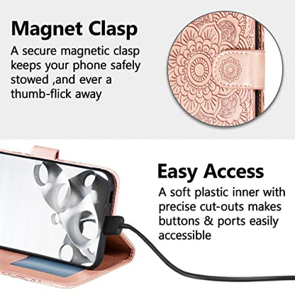 EYZUTAK Case for iPhone 13 Pro Max, Premium PU Leather Magnetic Flip Wallet Case with Card Holder Cash Slot Lanyard Strap Kickstand Function Embossed Mandala Flower Pattern Shockproof Cover-Rose Gold - color: Rose Gold, size: iPhone 13 Pro Max