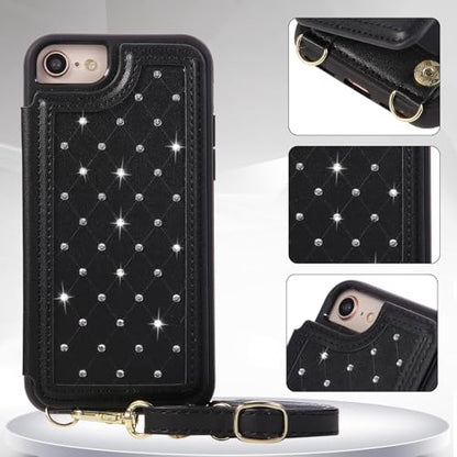 Crossbody Wallet Case for iPhone 7/8/SE 2020/SE 2022(4.7") with Detachable Strap - PU Leather Flip Folio with Card Slots & RFID Blocking, Sparkling Diamond Accents-Black - color: Black, size: iPhone 7/8/SE 2020/SE 2022(4.7")