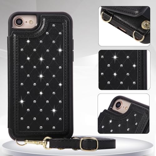 for iPhone 7/8/SE 2022/SE 2020 Wallet Case with Card Holder Slots and Strap, RFID Blocking Magnetic Flip Folio Cover, Crossbody Purse Protection Case with Kickstand,Black Diamond - color: Black Diamond, size: iPhone 7/8/SE 2022/SE 2020(6.6")