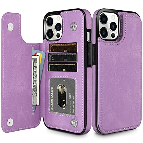 HianDier Wallet Case Compatible with iPhone 12 Pro MAX Case 5G 6.7-inch Slim Protective with Credit Card Slot Holder Flip Folio Soft PU Leather Magnetic Closure Cover, Bright Purple - color: Bright Purple