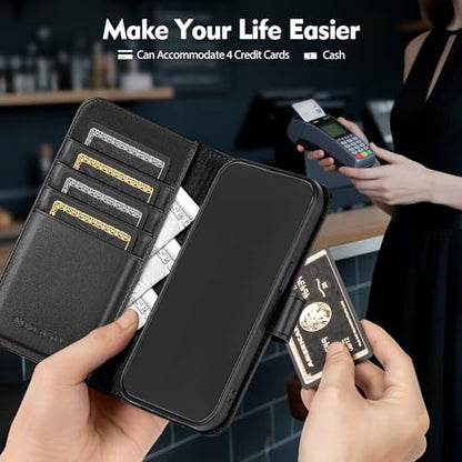 Compatible with iPhone 14 Pro Max Genuine Leather Case Wallet with Card Holder,Women Men Real Leather Flip Folio RFID Blocking Credit Card Slots Phone Cover,for Apple 14 ProMax,Black - color: Black, size: iPhone 14 Pro Max - 6.7"