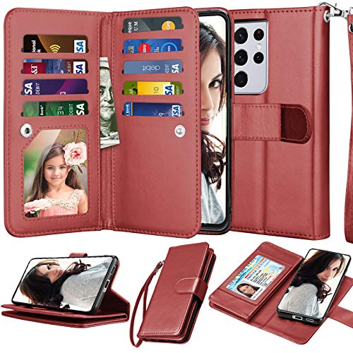 Njjex Wallet Case for Samsung Galaxy S21 Ultra 5G, For Galaxy S21 Ultra Case 6.8", [9 Card Slots] PU Leather ID Credit Holder Folio Flip [Detachable] Kickstand Magnetic Phone Cover & Lanyard -Wine Red - color: Wine Red