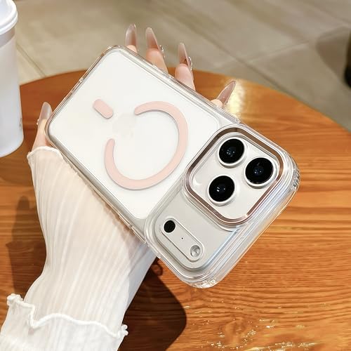 for iPhone 17 Pro Max Clear Case with Electroplated Camera Ring & Buttons, MagSafe Compatible, Military-Grade Shockproof, Anti-Yellowing Slim Transparent Cover - color: Pink