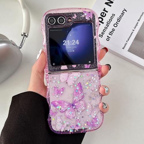 UEEBAI Wave Butterfly Case for Samsung Galaxy Z Flip 7 5G Case, Pretty Bling Star Butterfly Cute Shiny Glitter Phone Cover for Girls Bling Clear Cover Curly Shockproof Girly - Hot Pink - color: Hot Pink, size: Z Flip 7 5G