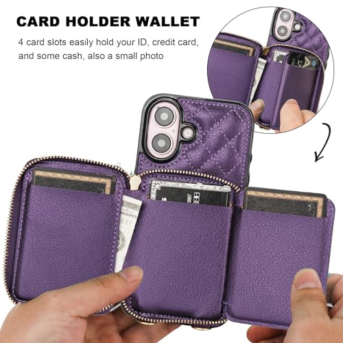 Bocasal Crossbody Wallet Case Card Holder for iPhone 16, Dark Purple | RFID Blocking PU Leather Zipper Handbag Purse, Kickstand Flip Folio Case with Card Slots Holder Wrist Strap Lanyard 6.1 Inch - color: Dark Purple