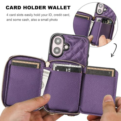 Bocasal Crossbody Wallet Case Card Holder for iPhone 16, Dark Purple | RFID Blocking PU Leather Zipper Handbag Purse, Kickstand Flip Folio Case with Card Slots Holder Wrist Strap Lanyard 6.1 Inch - color: Dark Purple