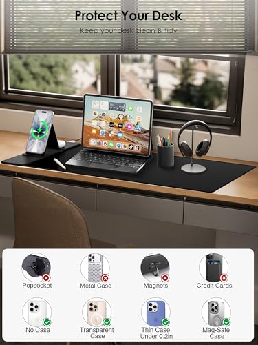Wireless Charging Mouse Pad with Foldable Phone Holder, 15W Magnetic Fast Charging for iPhone Samsung, 31.5"x15.75" Large Desk Mat for Laptop/Keyboard, Waterproof Gaming Mousepad with Non-Slip Base - color: 31.5x15.75"phone Stand Magnetic No Rgb-black